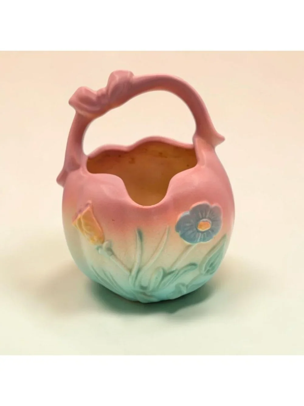 Hull Art Pottery B25 Basket Vase Pink & Blue Floral Design 6.5 Inch Vintage USA